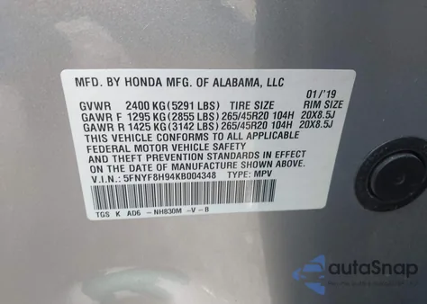2019 Honda Passport Touring from USA, damaged, VIN 5FNYF8H94KB004348